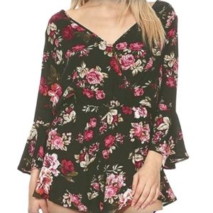 Ambiance Floral Ruffled Romper Size Medium Bell Sleeves